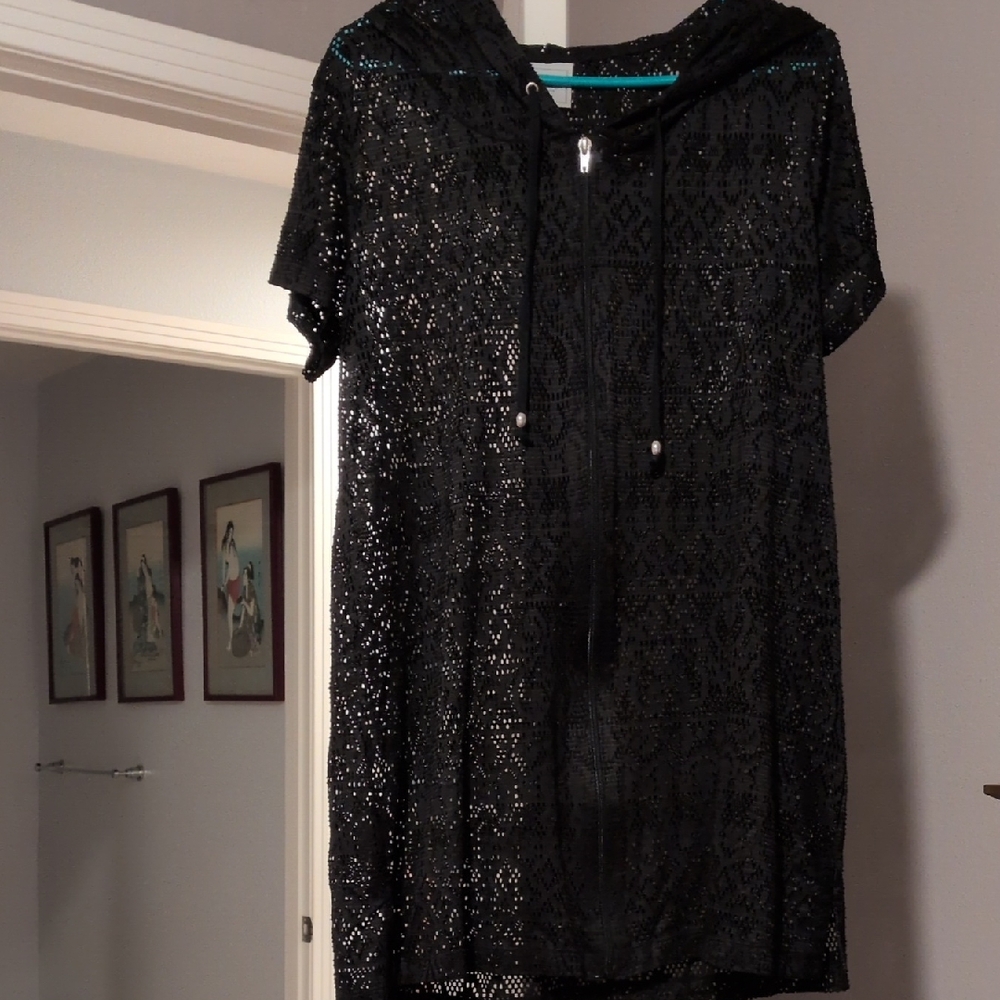 Black Lacy Hooded Cover-Up, Med., Beach Elegance